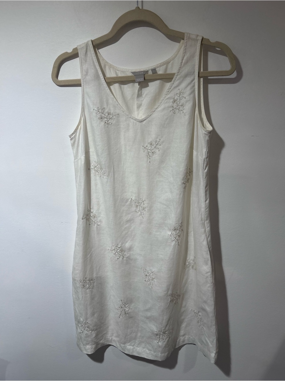 J. Crew Cream Linen V-Neck Floral Embroidered Dress